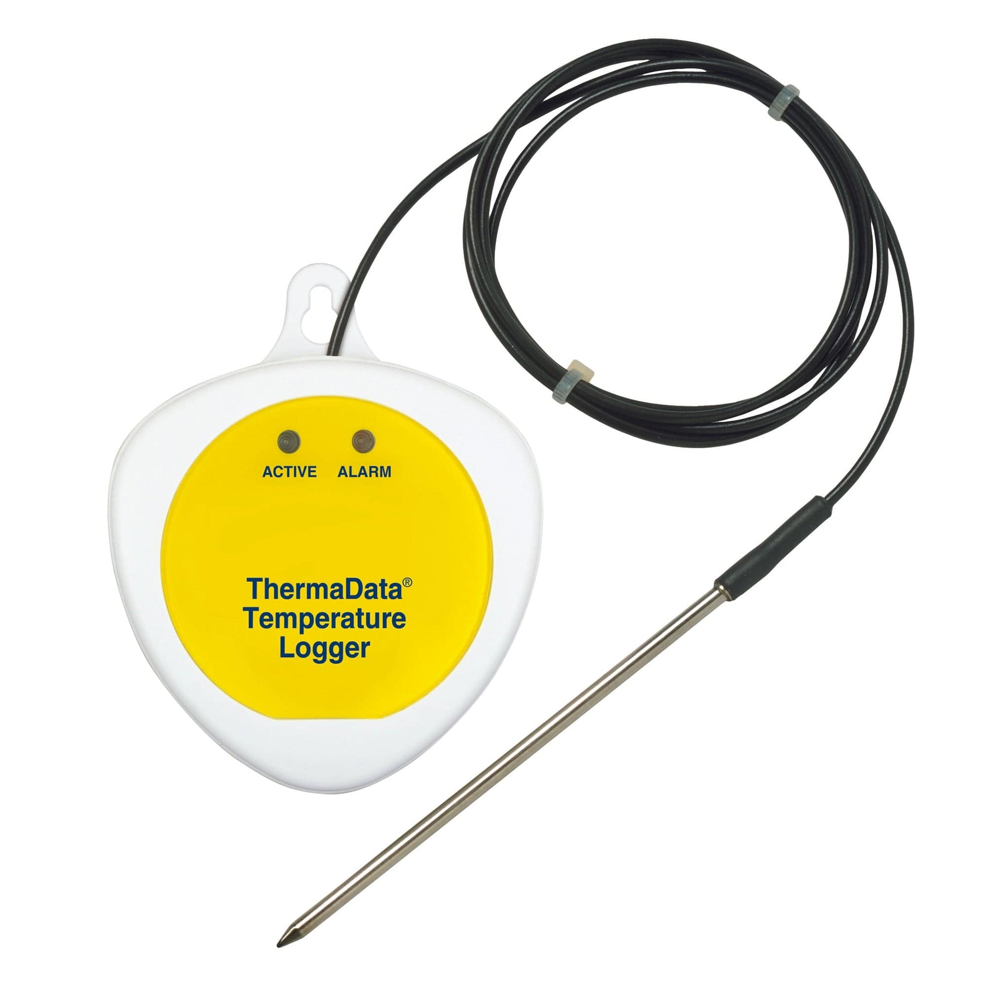 L'Enregistreur ThermaData® TBF avec capteur externe de Thermomètre.fr est un enregistreur de température jaune et blanc équipé d'un câble et d'une sonde noirs utilisant la technologie de thermistance NTC. Cet appareil comporte deux voyants lumineux intitulés « Actif » et « Alarme », assurant une surveillance précise dans une plage de température de -40 à 125°C.