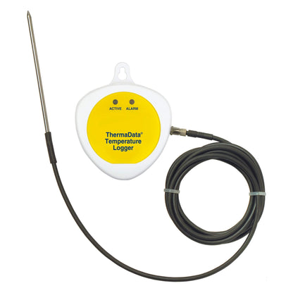 L'Enregistreur ThermaData® avec sonde externe amovible de Thermomètre.fr comprend un enregistreur de données avec une sonde métallique connectée par câble, présentant un étiquetage jaune avec des indicateurs « Actif » et « Alarme ».