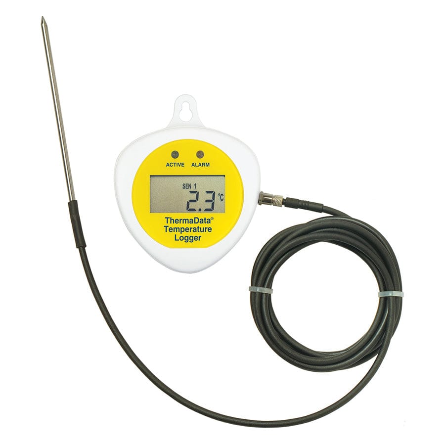 Un thermomètre numérique avec une sonde attachée affiche une température de 23°C. L'appareil est labellisé "Enregistreur ThermaData® TDC avec sonde interne/externe" par Thermomètre.fr et dispose de boutons pour les fonctions actives et d'alarme.