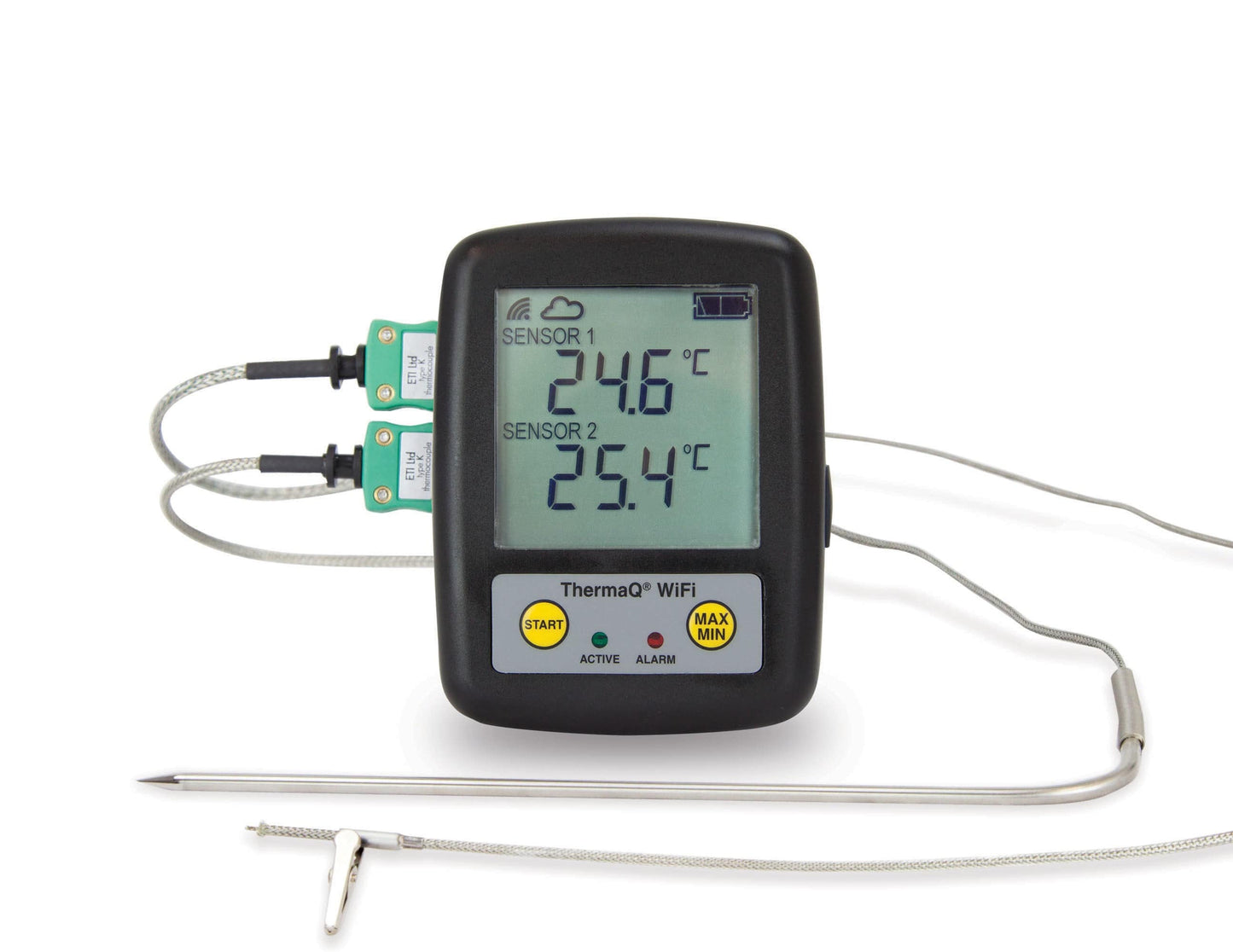 un thermomètre numérique Thermometre.fr avec une sonde attachée.