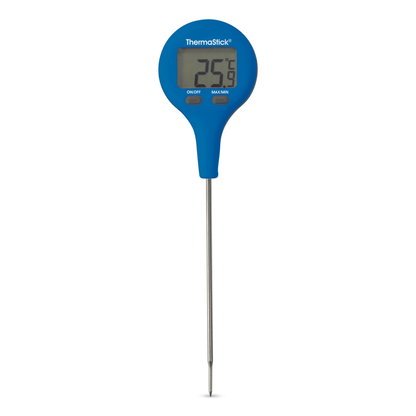 un thermomètre numérique Thermometre.fr ThermaStick bleu sur fond blanc.