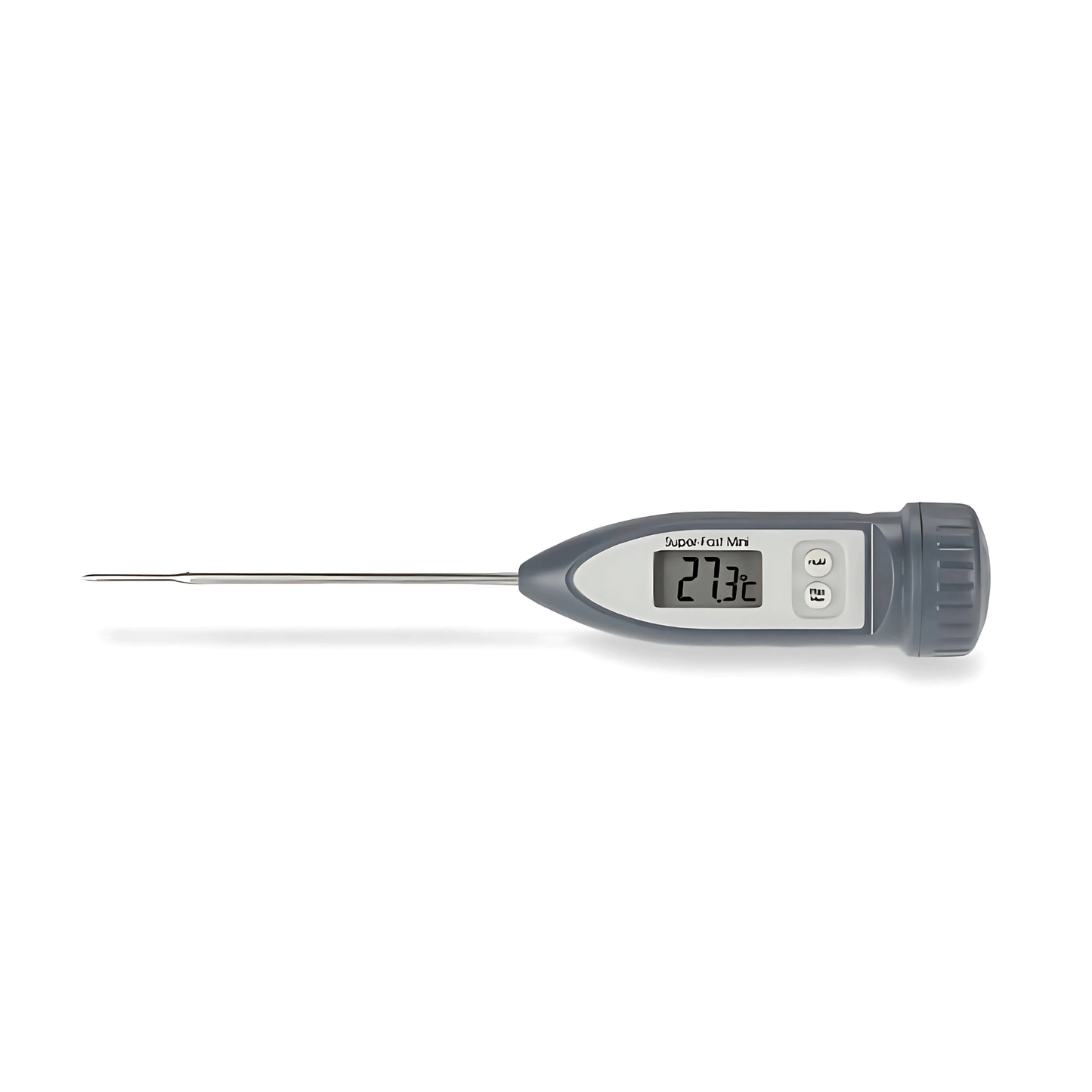 Le Mini thermomètre ultra-rapide avec fonctions max / min et maintien de Thermometre.fr comprend une sonde métallique pointue et un manche gris, affichant avec précision 27,3°C. Sa réponse rapide et sa haute précision le rendent parfait pour des relevés rapides de température dans des environnements divers.