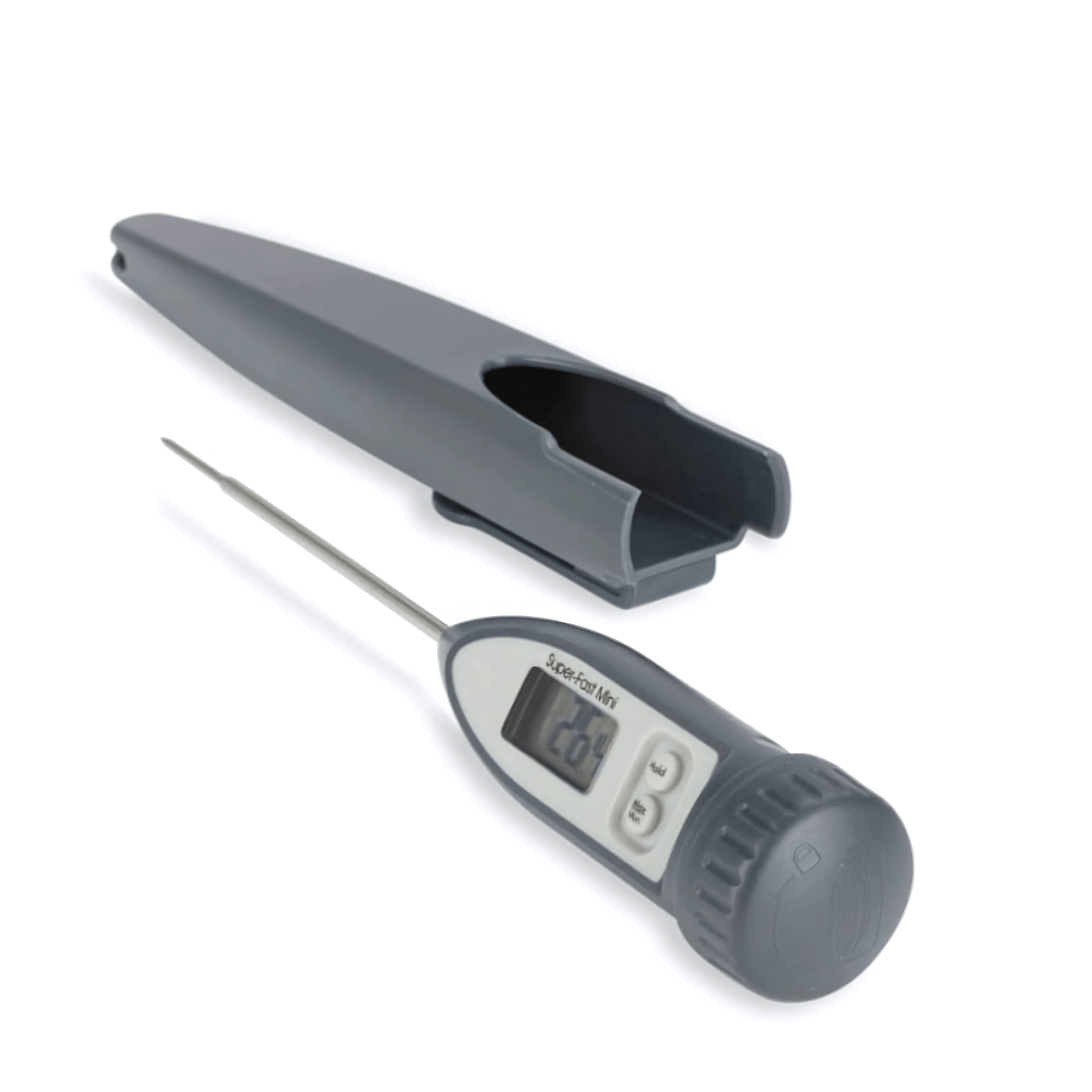 Mini thermomètre ultra-rapide avec fonctions max / min et maintien de Thermometer.fr, présentant un affichage lisant 20.0°C et doté d'une sonde à réponse rapide. Livré avec un étui de protection gris, idéal pour les chefs ayant besoin de précision lors de leurs déplacements avec ce thermomètre de poche.