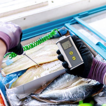 Une personne portant des gants utilise un thermomètre numérique CaterTemp en métal de Thermomètre.fr, doté d'un boîtier robuste en aluminium, pour mesurer la température du poisson emballé dans une glacière.