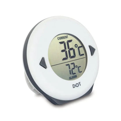 Le Thermomètre DOT pour four de Thermomètre.fr affiche une température actuelle de 36 degrés Celsius avec une alarme sonore réglée à 72 degrés Celsius. Conçu dans une forme ronde, il arbore le label « DOT » et assure une cuisson facile pour une cuisson précise.