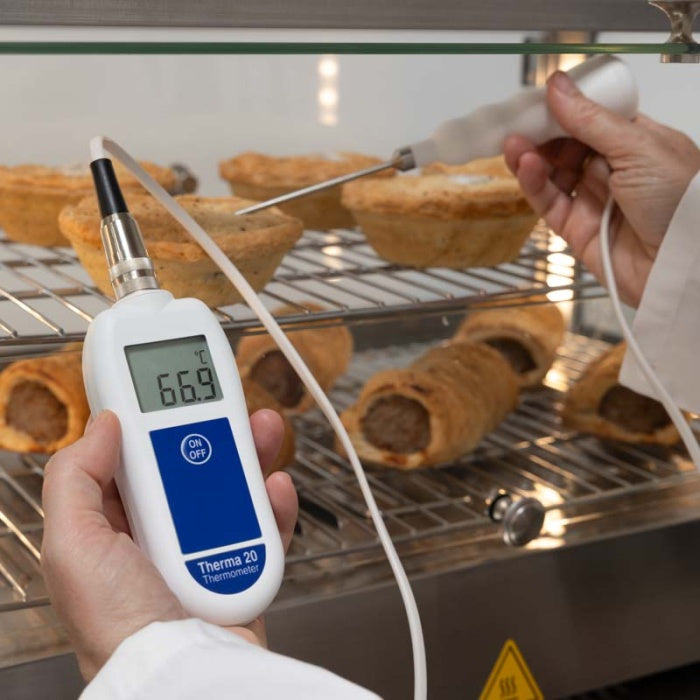Une personne portant des gants de laboratoire utilise un Therma 20 pour applications HACCP de Thermomètre.fr pour mesurer la température des aliments dans un four. L'écran affiche 66,9 degrés Celsius, garantissant le respect des normes HACCP.