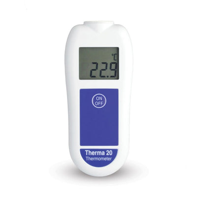 Thermomètre numérique portable affichant une température de 22,9 degrés Celsius sur l'écran, avec un bouton marche/arrêt situé sous l'écran et étiqueté « Therma 20 pour applications HACCP » en bas. Ce produit de Thermomètre.fr est idéal pour un suivi précis de la température dans le secteur de la restauration.
