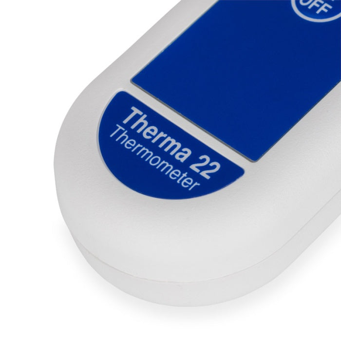 Image en gros plan d'un thermomètre électronique blanc et bleu étiqueté "Therma 22 thermocouple ou thermistance" avec un bouton On/Off en haut, griffé Thermomètre.fr.