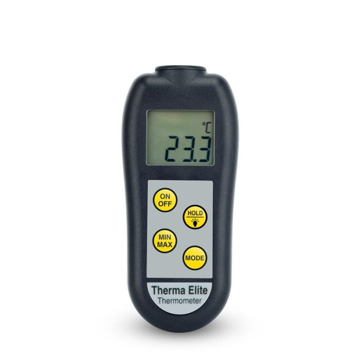 Le Therma Elite industriel de Thermomètre.fr, équipé d'un écran LCD rétroéclairé, affiche une température de 23,3°C. Il comporte des boutons intitulés « ON/OFF », « HOLD », « MIN MAX » et « MODE ».