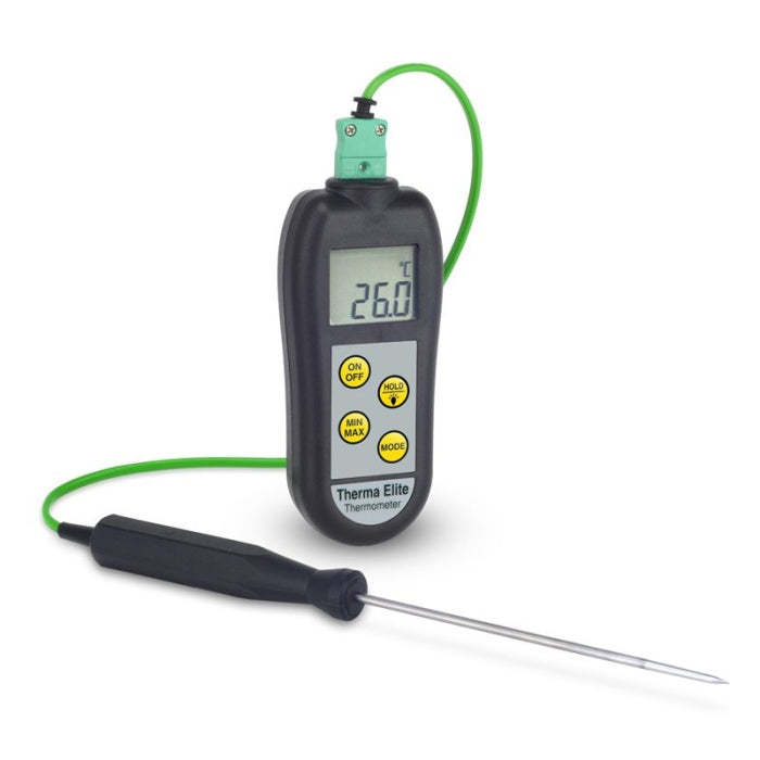 Thermomètre numérique de la gamme industrielle Therma Elite de Thermomètre.fr, doté d'une sonde reliée par un fil vert et affichant 26,0°C sur son écran LCD rétroéclairé.