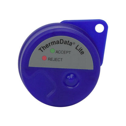 Un Enregistreur ThermaData® Lite bleu de Thermomètre.fr avec deux indicateurs marqués « ACCEPTER » (vert) et « REJETER » (rouge).
