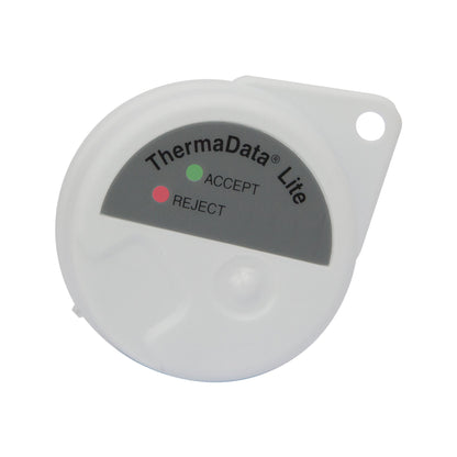 Un appareil circulaire blanc étiqueté "Enregistreur ThermaData® Lite" de Thermomètre.fr, doté de voyants verts et rouges pour "Accepter" et "Rejeter", entièrement compatible avec le logiciel ThermaData Studio.