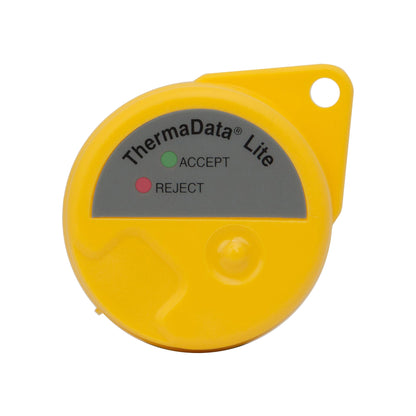 Enregistreur ThermaData® Lite circulaire jaune avec indicateurs "ACCEPT" et "REJECT" sur l'écran, compatible avec le logiciel ThermaData Studio, par Thermomètre.fr.