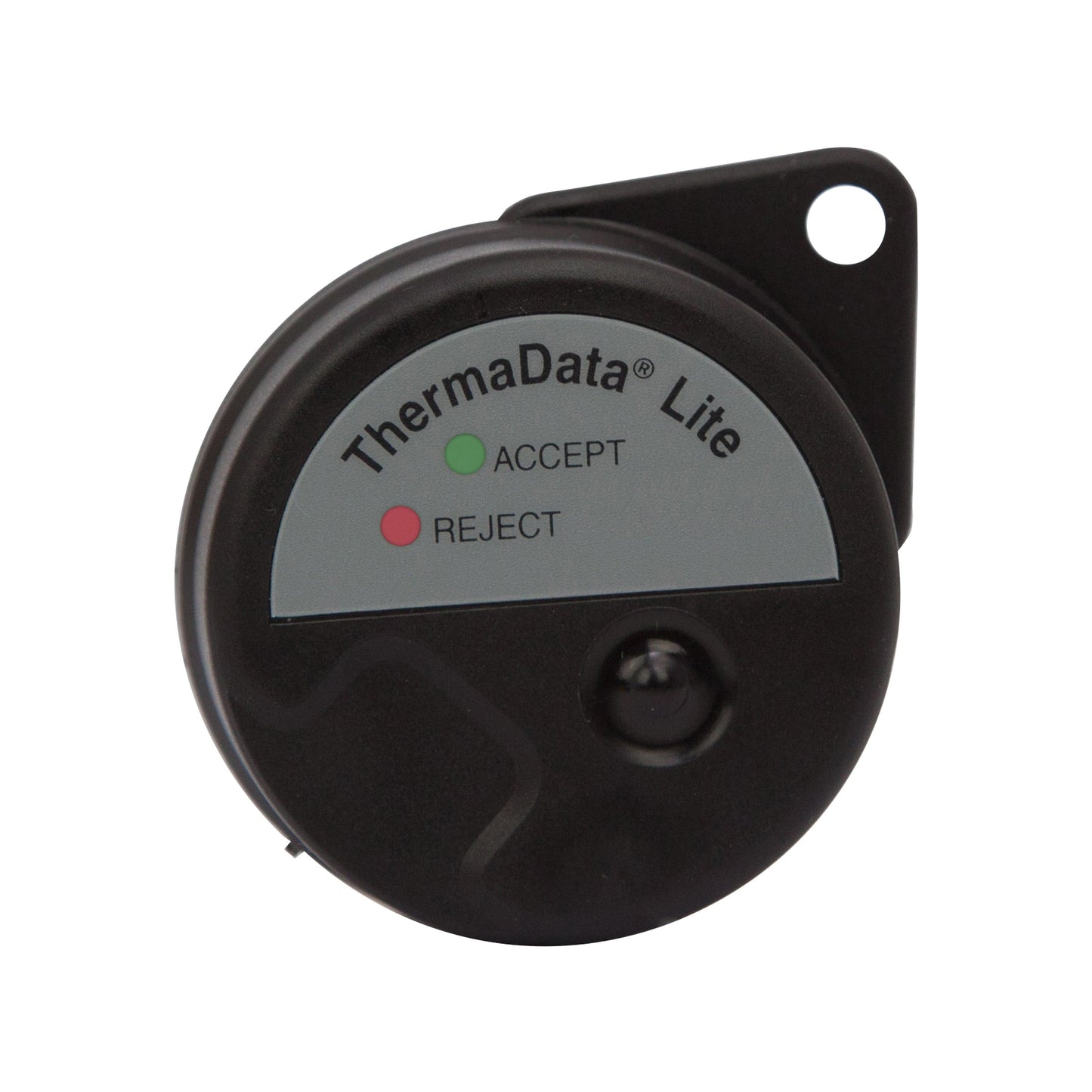 Un Enregistreur ThermaData® Lite noir de Thermomètre.fr avec un voyant vert "ACCEPT" et un voyant rouge "REJECT".