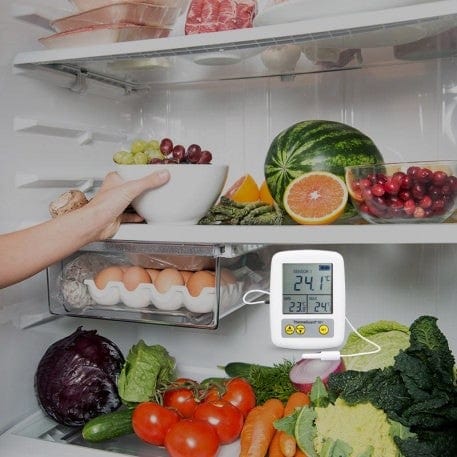 Un réfrigérateur ouvert présentant divers aliments, notamment une pastèque, des raisins, des œufs, des tomates et de la laitue. Une main tend la main vers un bol de raisins. Un ThermaGuard pour réfrigérateur / congélateur de Thermomètre.fr indique 2,4°C.