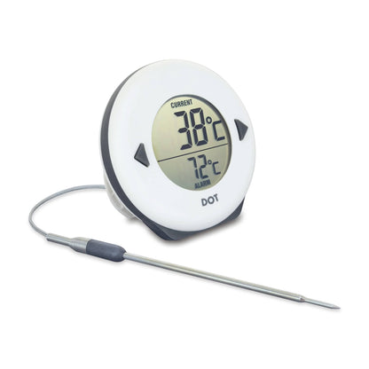 Le Thermomètre DOT pour four de Thermomètre.fr affiche une température actuelle de 38°C et une température d'alarme réglée à 72°C, facilitant ainsi la cuisson. Sa sonde métallique assure la précision et l'alarme sonore vous alerte lorsque votre plat est prêt.