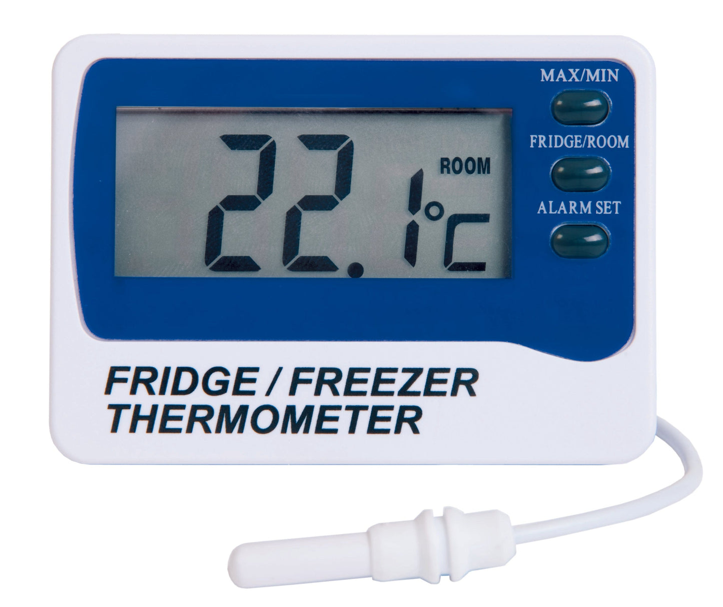Voici le texte réécrit en utilisant les données du produit :

Un thermomètre alarme pour réfrigérateur / congélateur de Thermometer.fr affiche une température ambiante de 22,1°C, doté de boutons pour max/min, réfrigérateur/pièce et réglage d'alarme sonore.